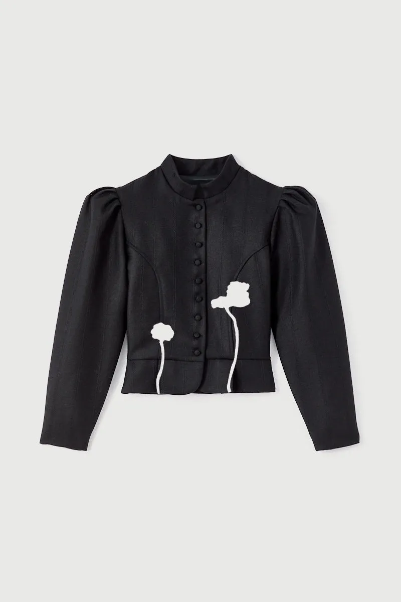 Black virgin wool jacket with puff sleeves and floral embroidery sold by DESTREE