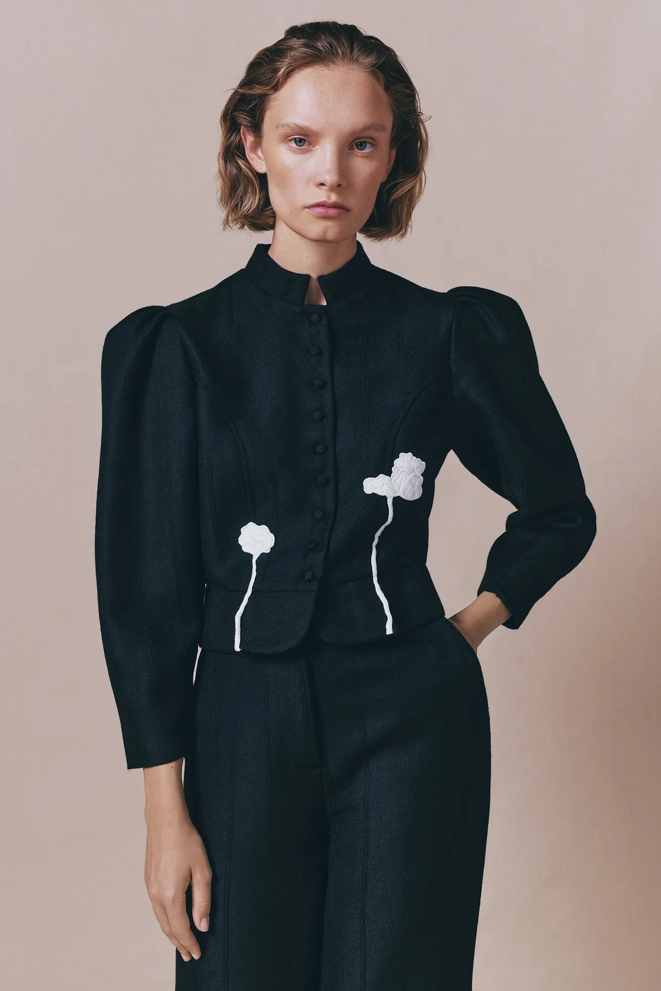 Black virgin wool jacket with puff sleeves and floral embroidery sold by DESTREE product image thumbnail 2