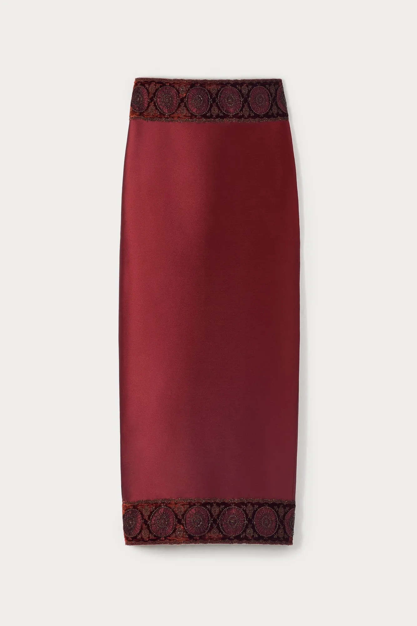 Burgundy midi skirt with embroidered details sold by DESTREE