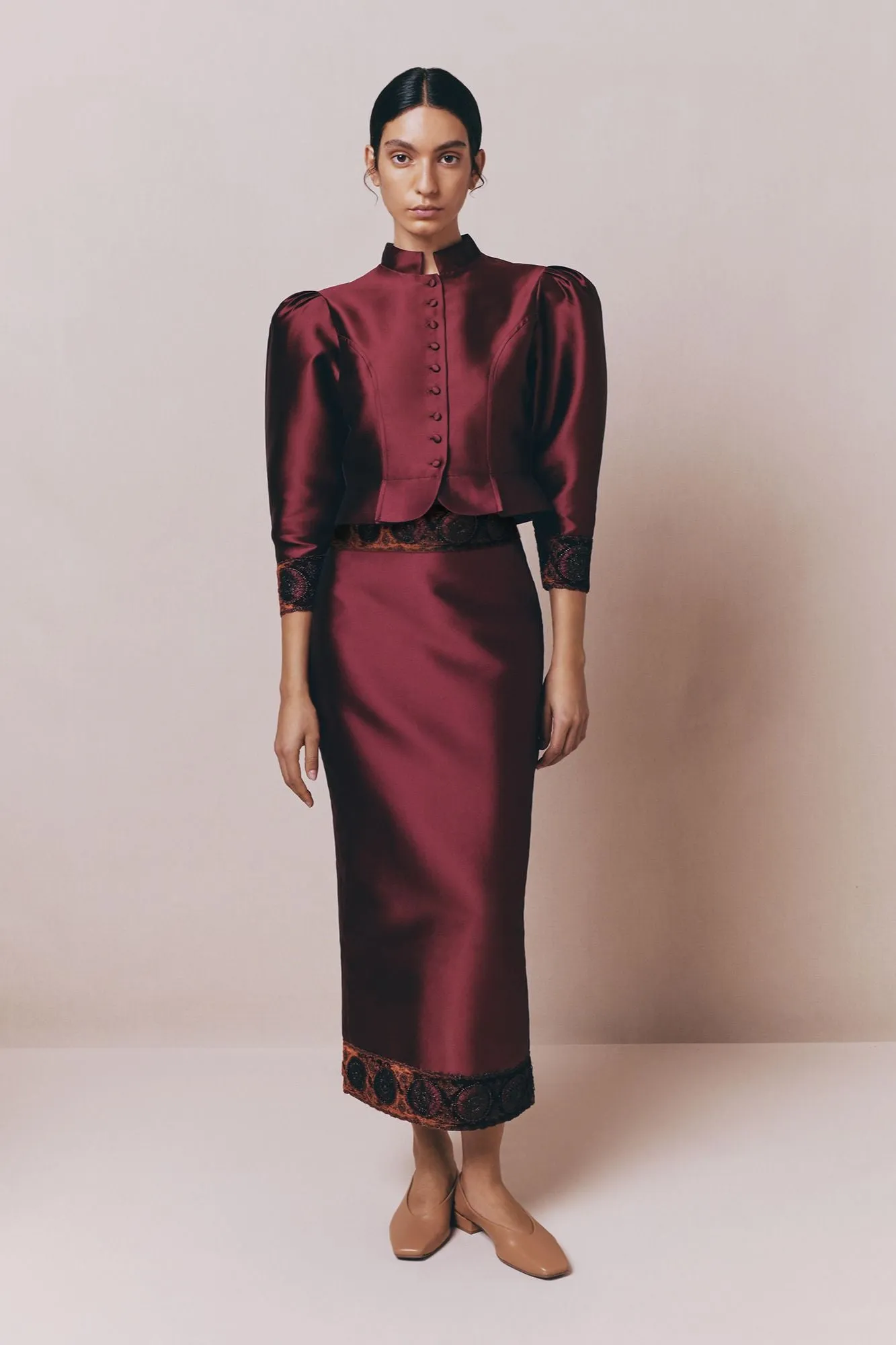 Burgundy midi skirt with embroidered details sold by DESTREE product image thumbnail 2