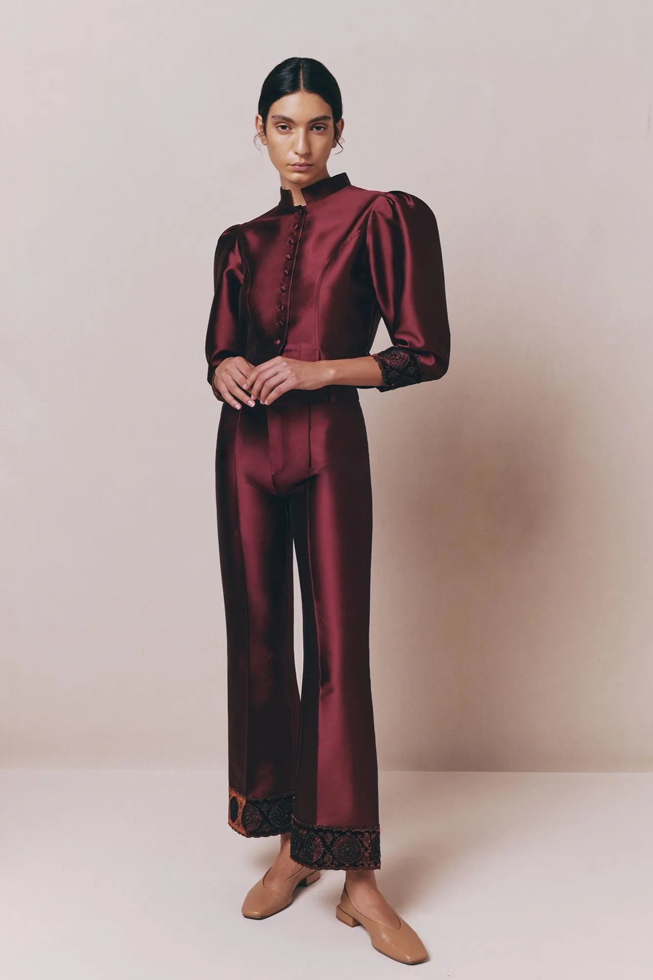 Burgundy satin straight pants with embroidered details sold by DESTREE product image thumbnail 2