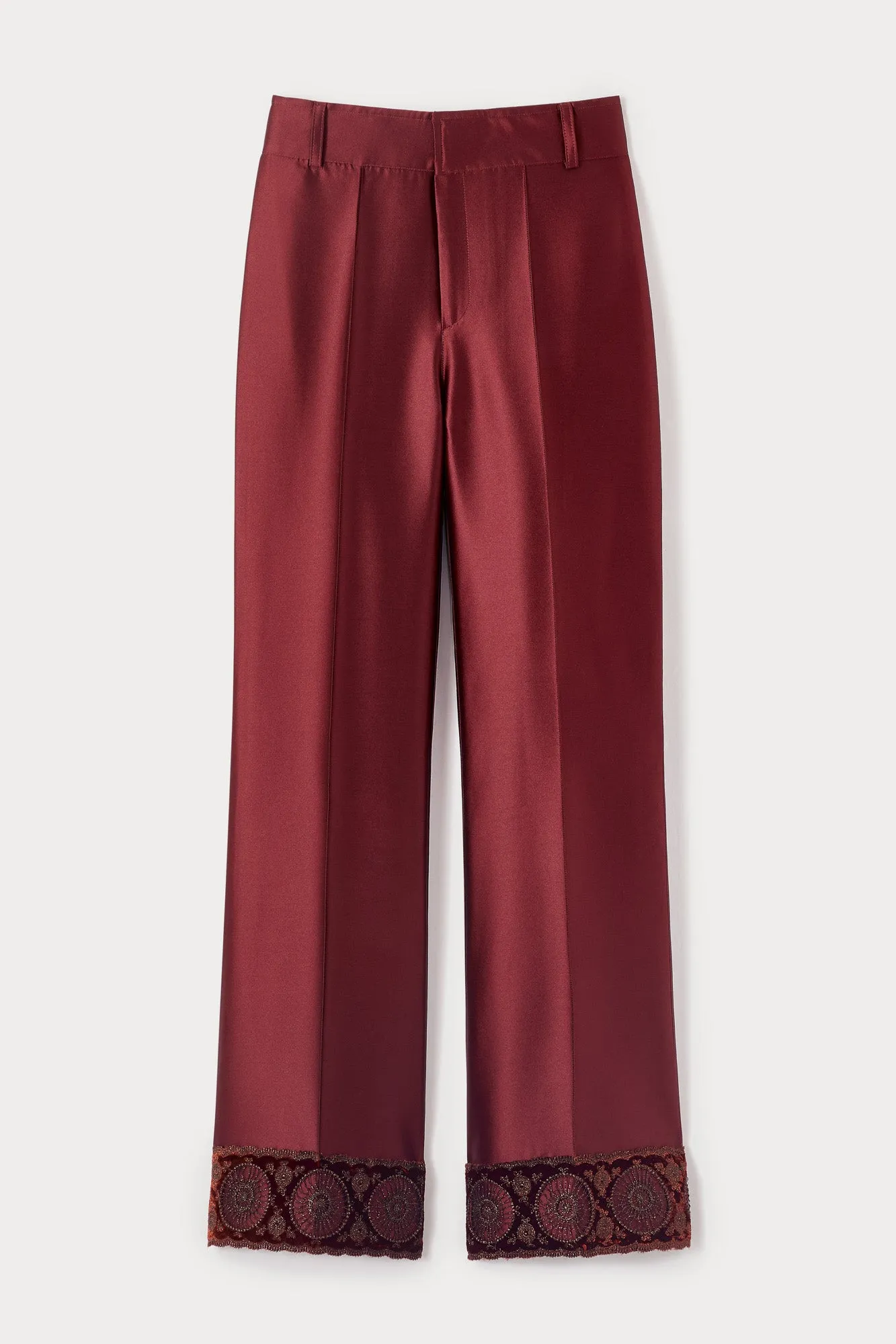 Burgundy satin straight pants with embroidered details sold by DESTREE