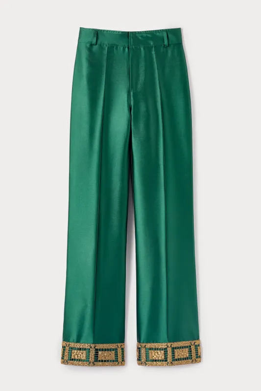 Forest satin straight pants with embroidered details sold by DESTREE