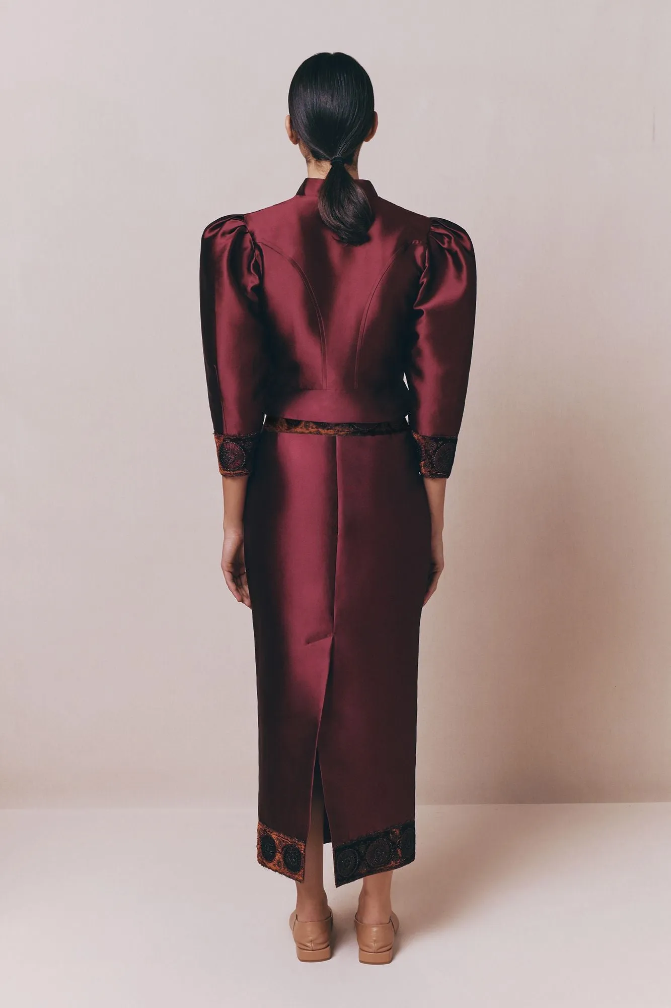 Burgundy satin puff sleeves jacket with embroidered details sold by DESTREE product image thumbnail 4