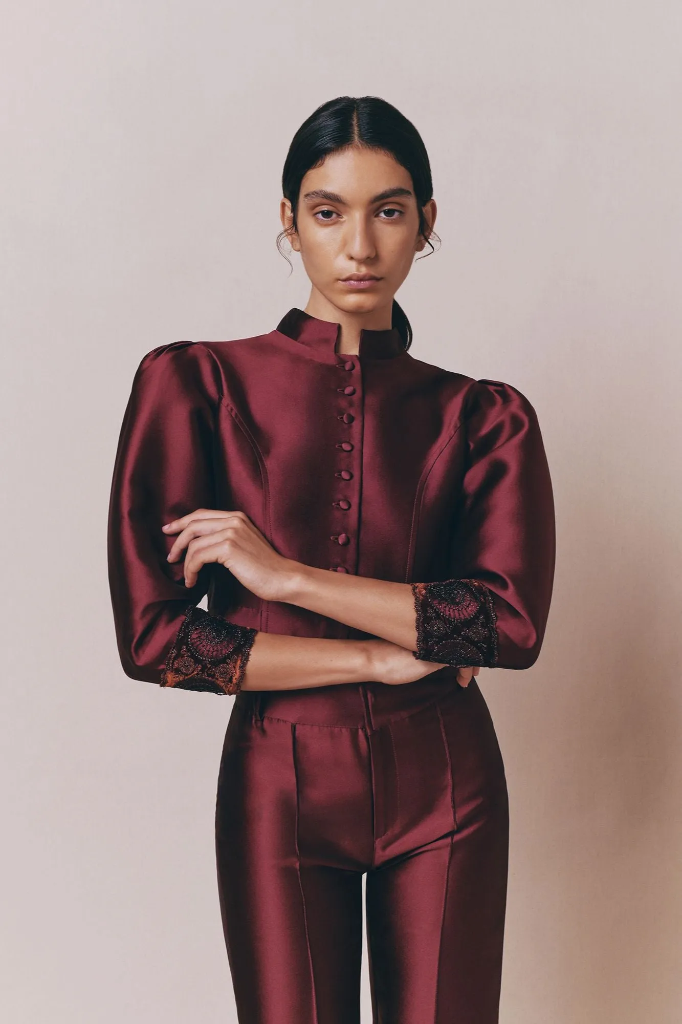 Burgundy satin puff sleeves jacket with embroidered details sold by DESTREE product image thumbnail 2