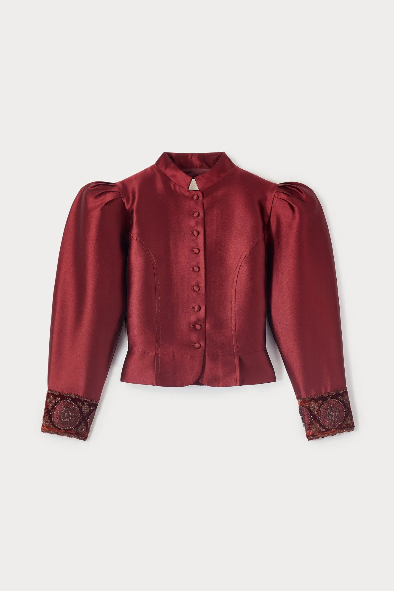 Burgundy satin puff sleeves jacket with embroidered details sold by DESTREE