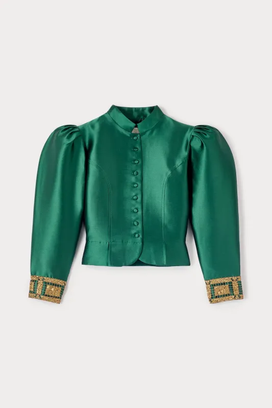 Forest satin puff sleeves jacket with embroidered details sold by DESTREE