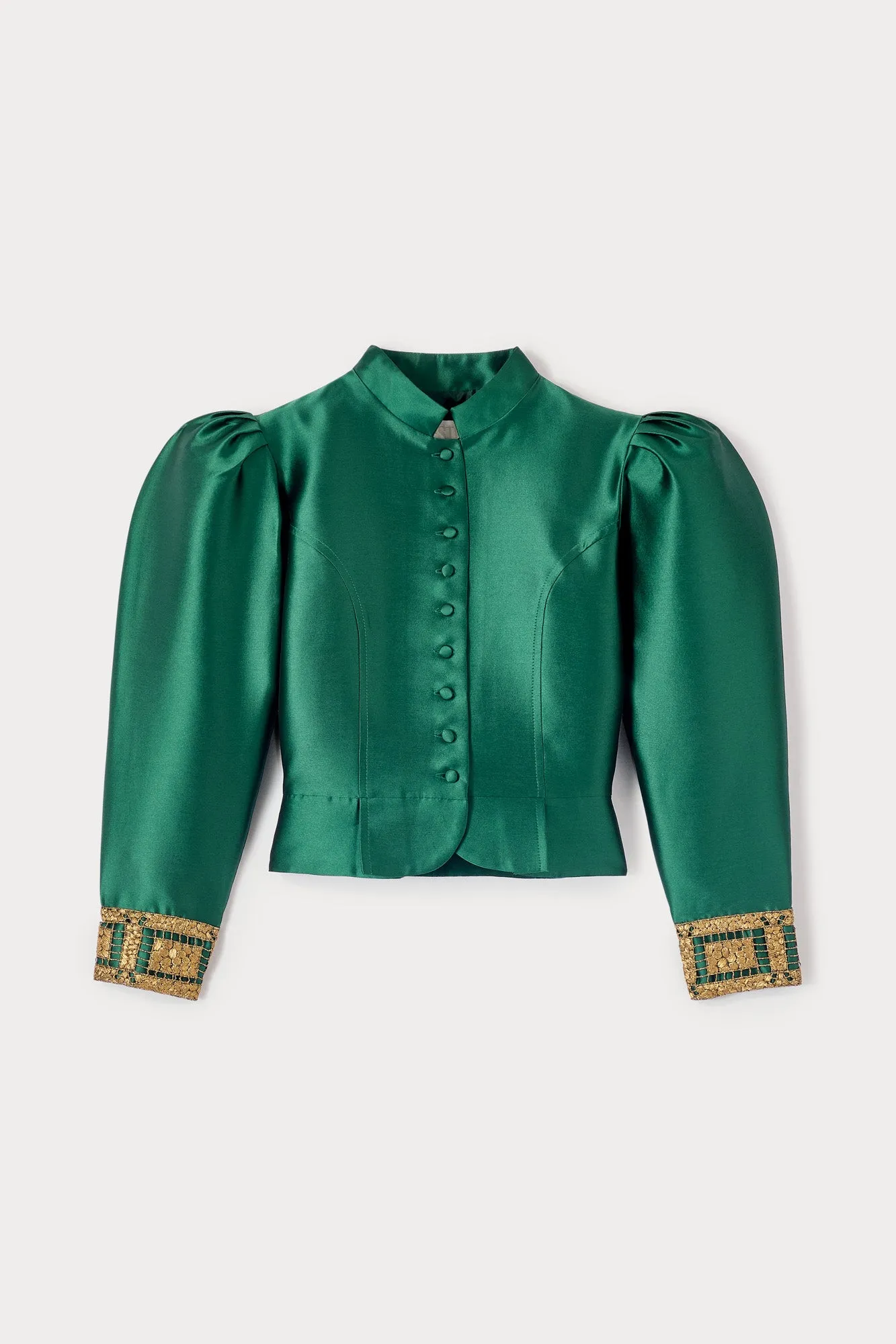 Forest satin puff sleeves jacket with embroidered details sold by DESTREE