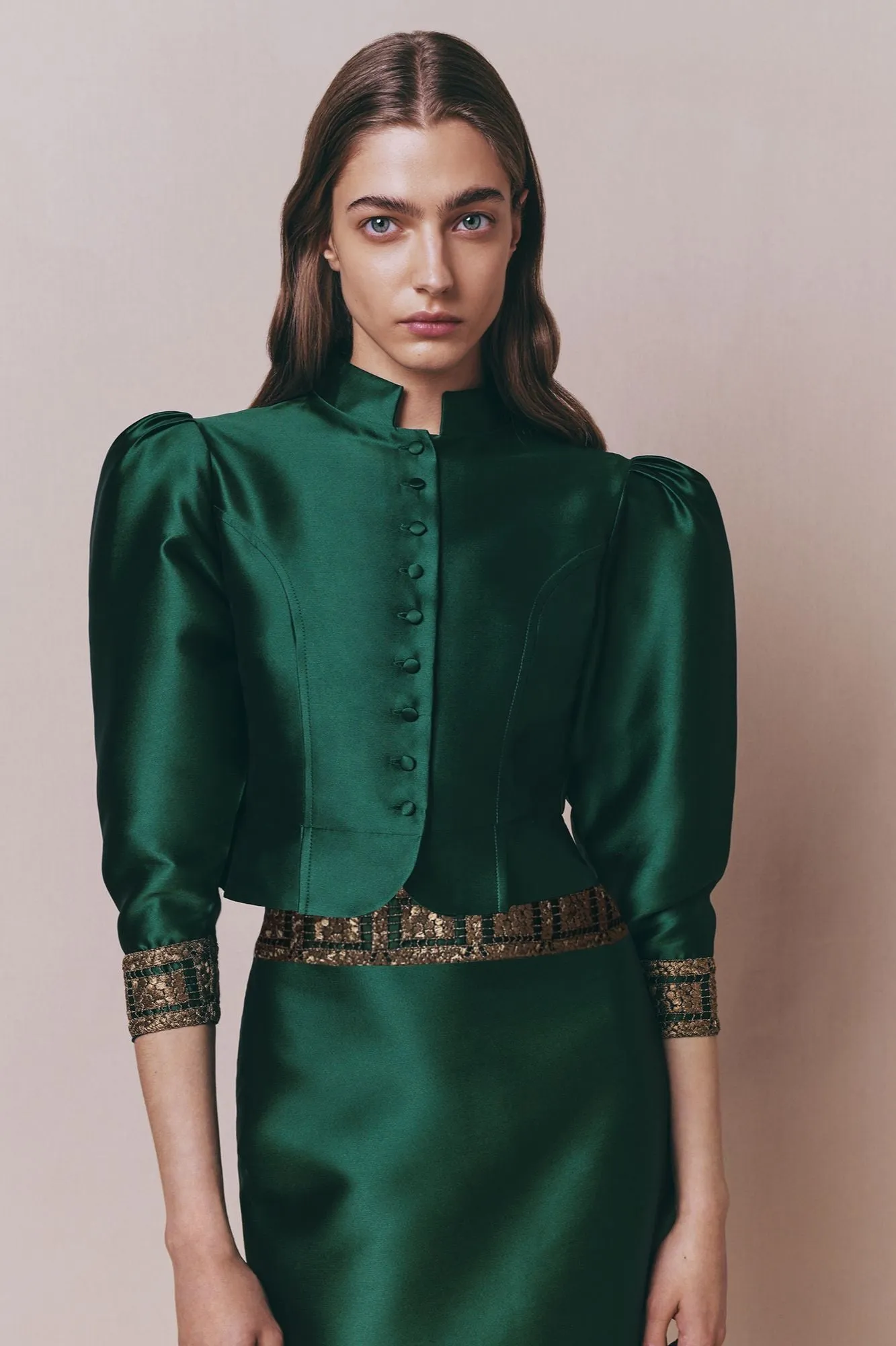 Forest satin puff sleeves jacket with embroidered details sold by DESTREE product image thumbnail 2