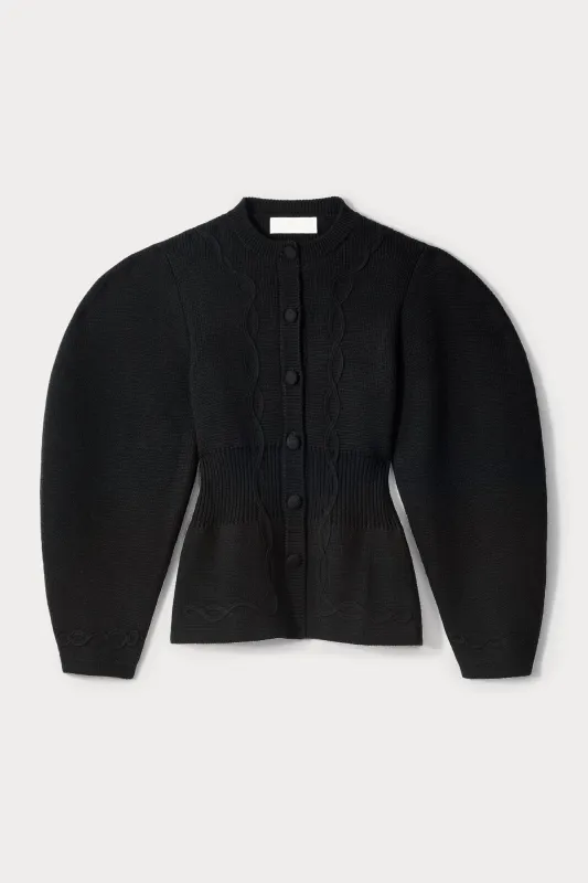 Structured black embroided knit jacket sold by DESTREE