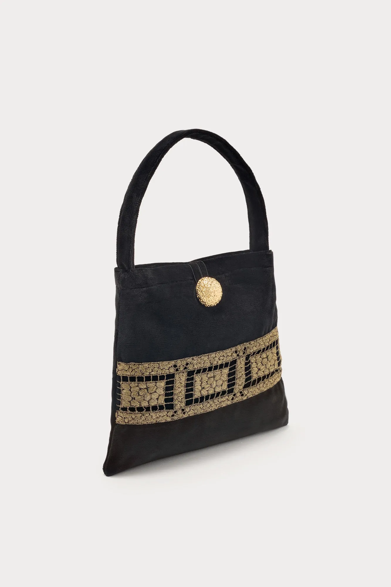 Black velvet bag with embroidered detailing sold by DESTREE