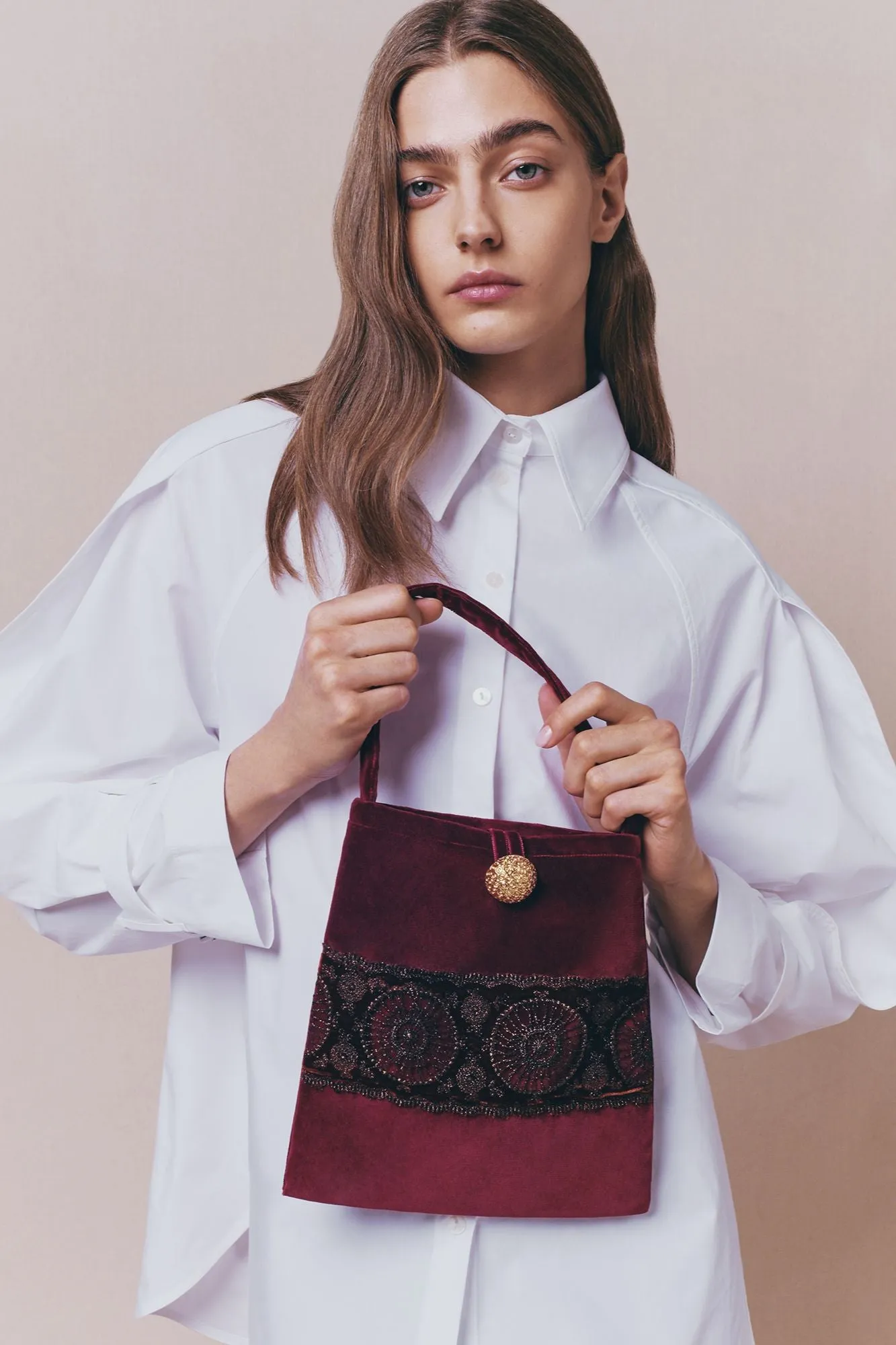 Burgundy velvet bag with embroidered detailing sold by DESTREE product image thumbnail 2