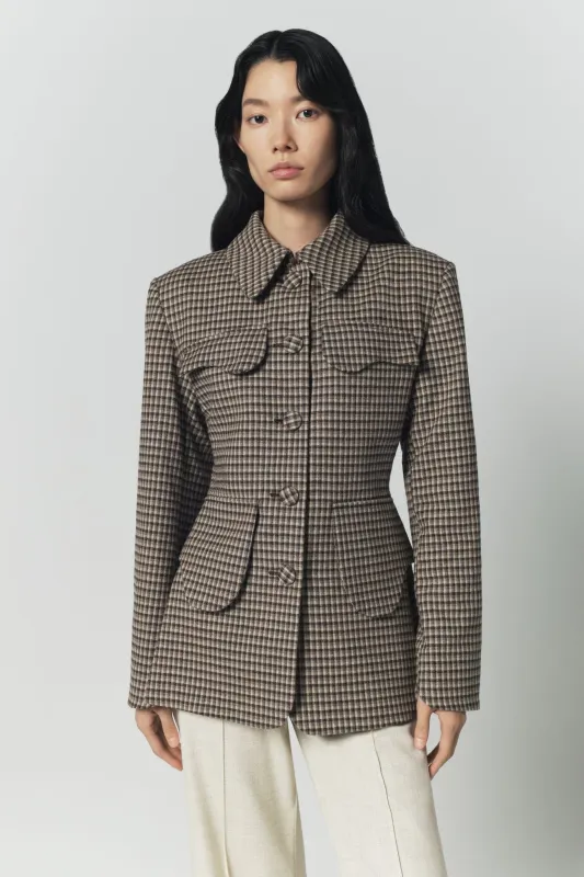 Beige and brown plaid utility button-front jacket sold by DESTREE