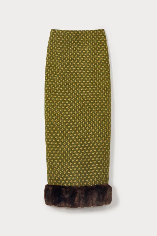 Green jacquard skirt with faux fur trim sold by DESTREE