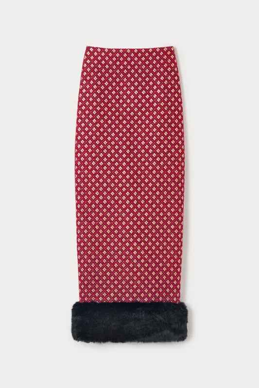 Burgundy & gold jacquard skirt with faux fur trim made by DESTREE