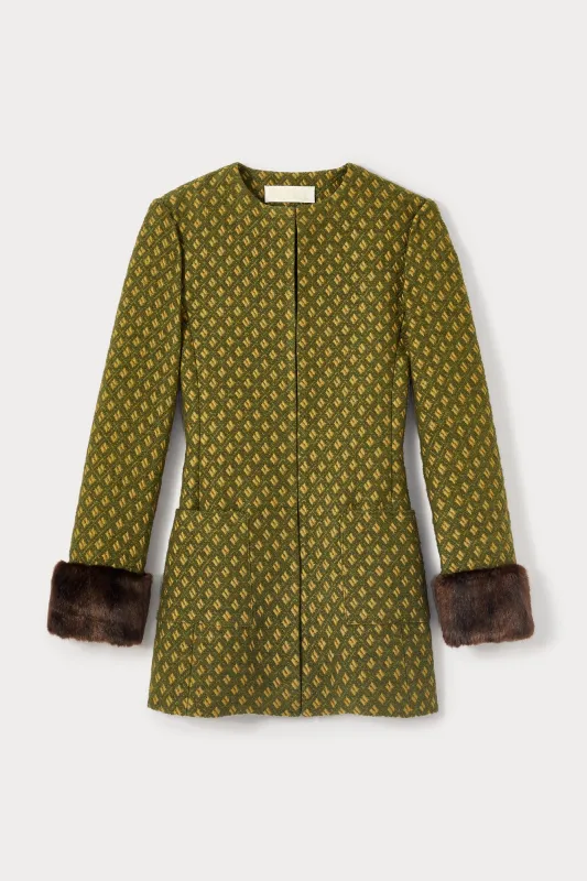 Structured green jacquard long jacket with soft faux fur cuffs sold by DESTREE