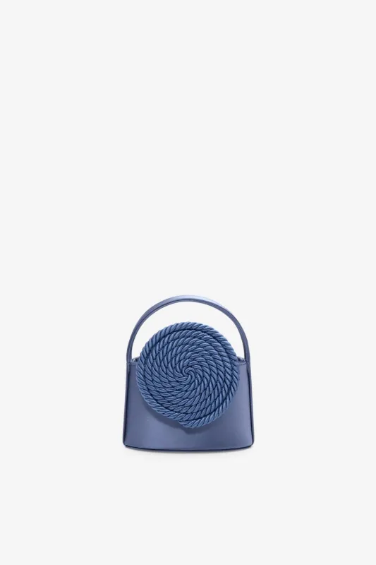 Storm blue mini satin bag with passementerie details sold by DESTREE