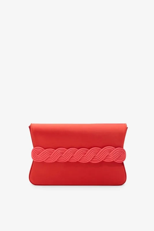 Red fire satin clutch with braided passementerie made by DESTREE