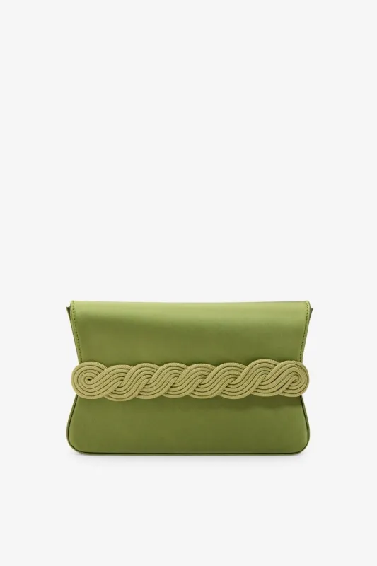 Olive satin clutch with braided passementerie made by DESTREE