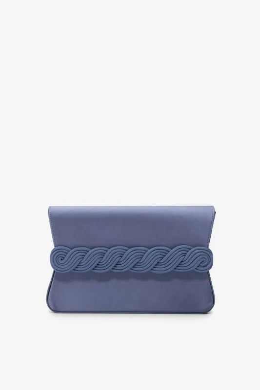 Storm blue satin clutch with braided passementerie made by DESTREE