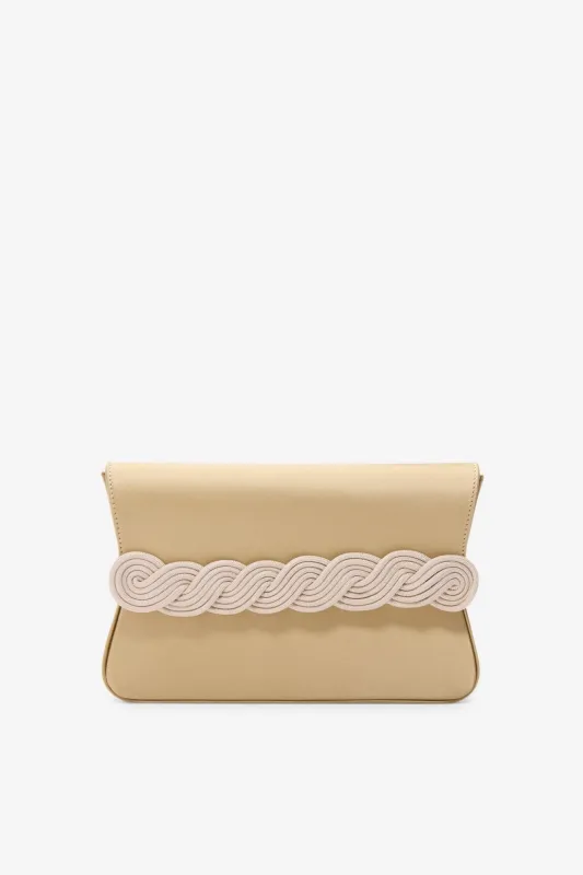 Beige satin clutch with braided passementerie made by DESTREE