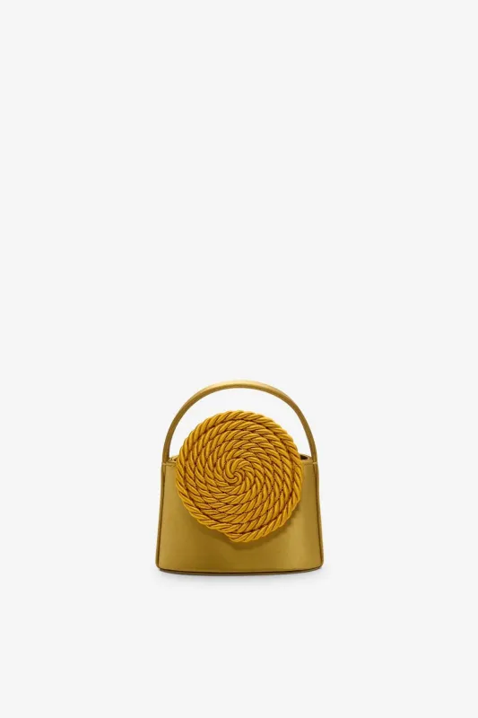 Yellow mini satin bag with passementerie details sold by DESTREE