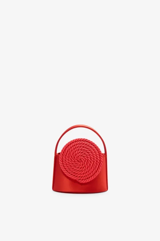 Red fire mini satin bag with passementerie details sold by DESTREE