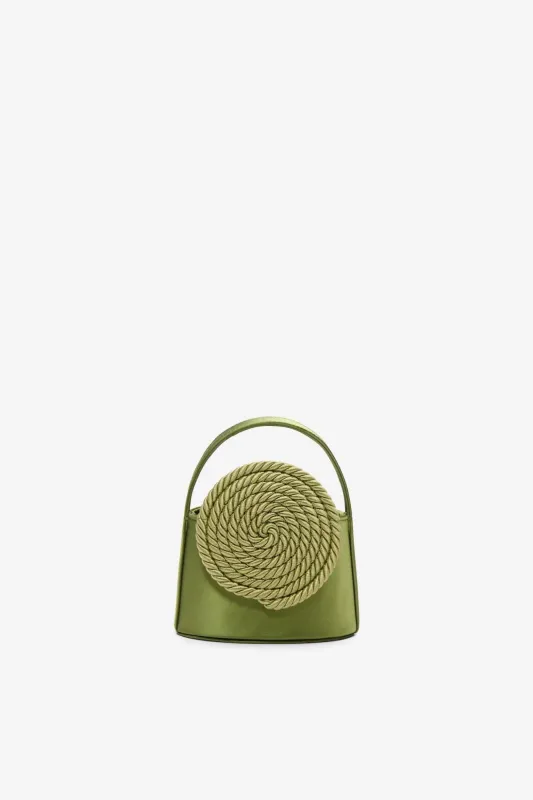 Olive mini satin bag with passementerie details sold by DESTREE