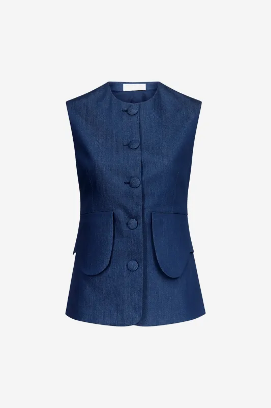 Blue denim button-front vest sold by DESTREE