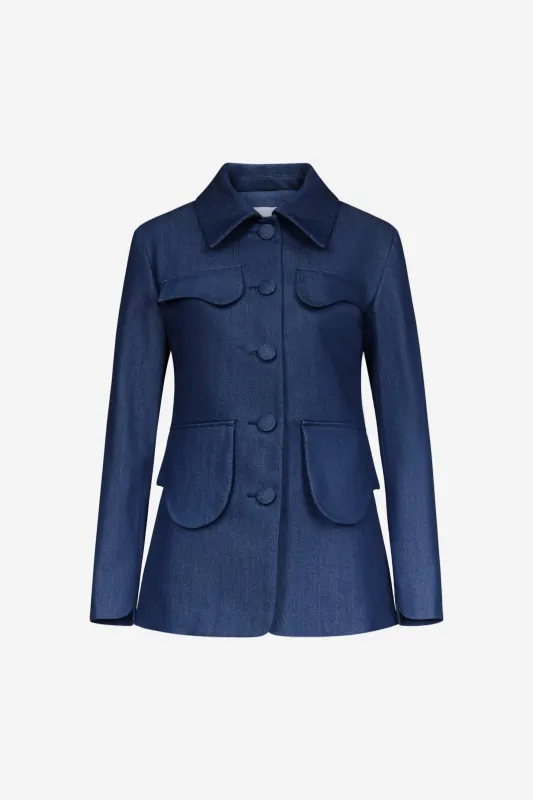 Blue denim utility button-front jacket sold by DESTREE