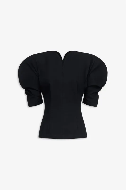 Black cotton sculptural top with puffed sleeves made by DESTREE