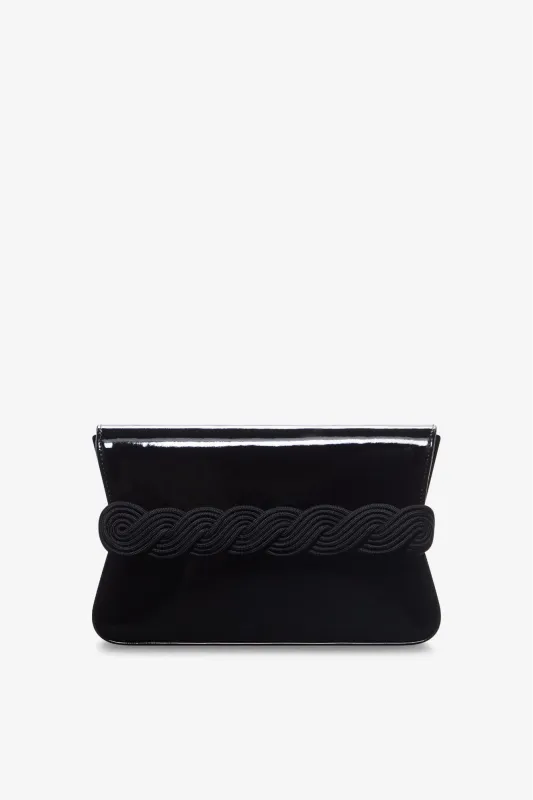 Glossy black leather clutch with braided passementerie made by DESTREE