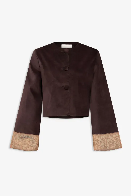Dark brown velvet jacket with lace hem made by DESTREE