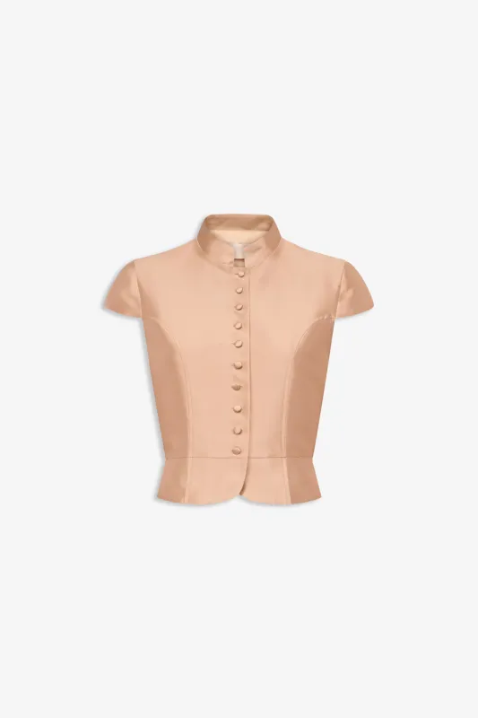 Beige satin sleeveless jacket sold by DESTREE