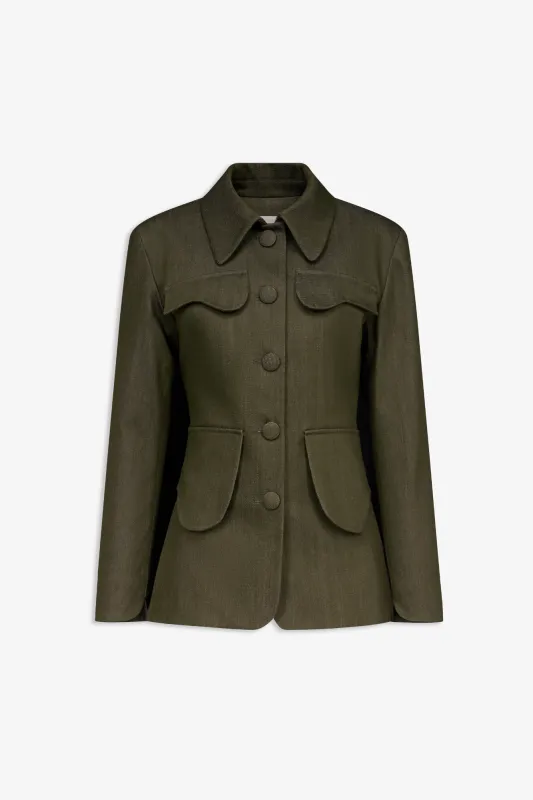Denim khaki utility button-front jacket sold by DESTREE