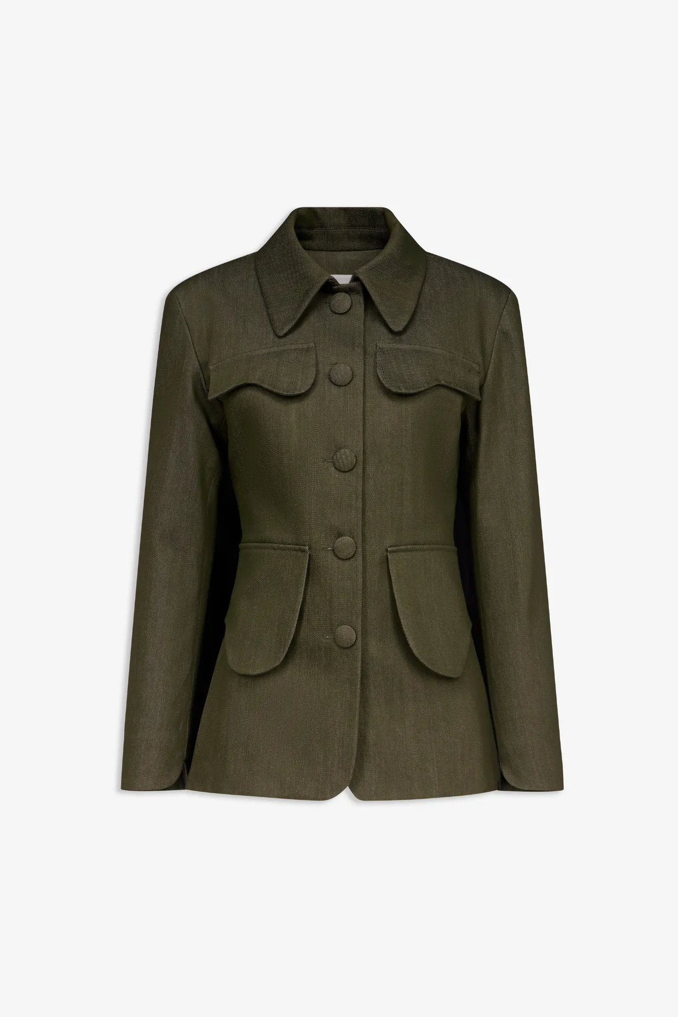 Denim khaki utility button-front jacket sold by DESTREE