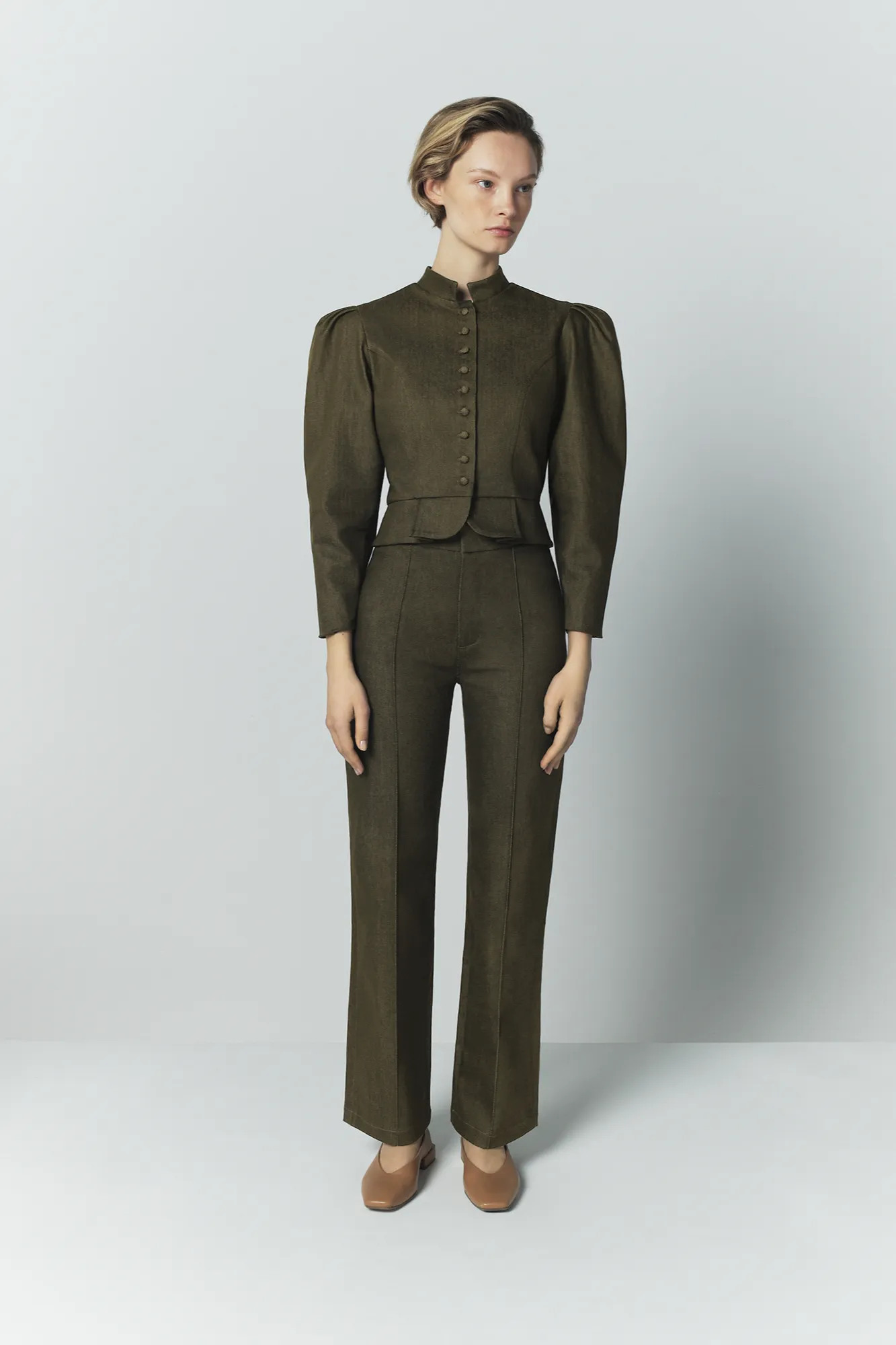 Denim khaki puff sleeve jacket sold by DESTREE product image thumbnail 3