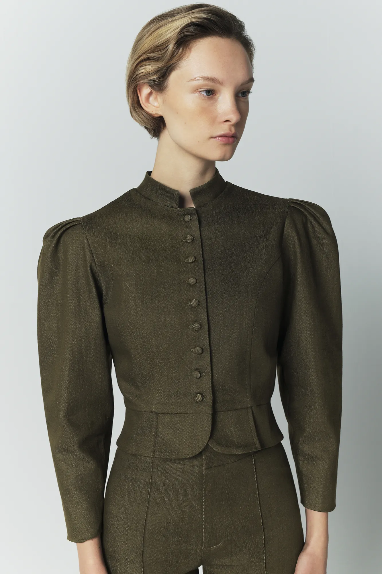 Denim khaki puff sleeve jacket sold by DESTREE product image thumbnail 2