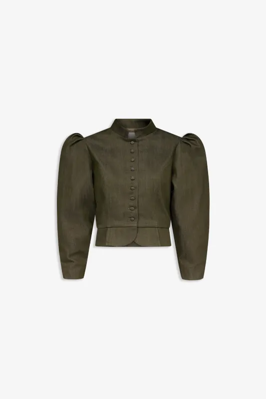 Denim khaki puff sleeve jacket made by DESTREE