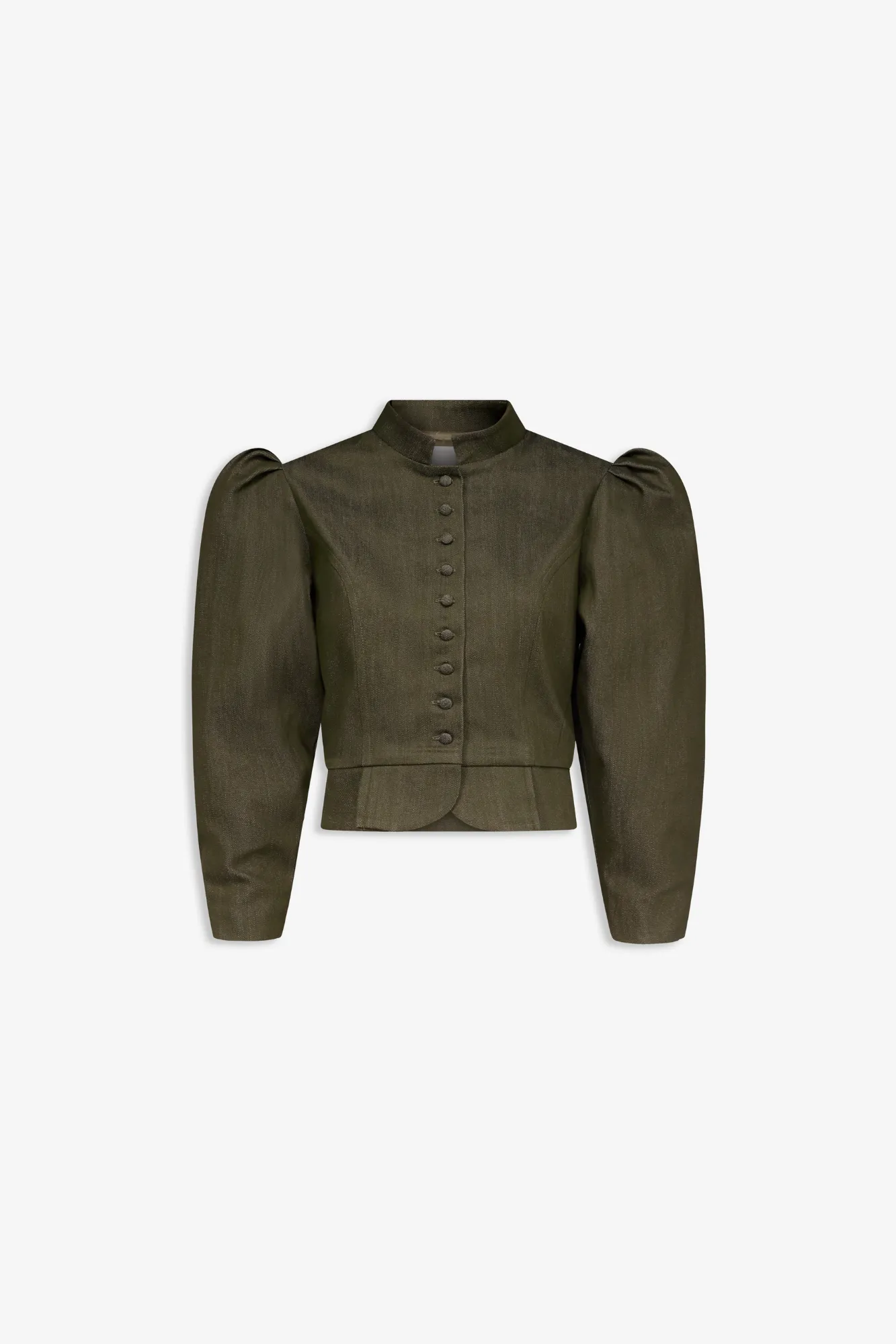 Denim khaki puff sleeve jacket sold by DESTREE