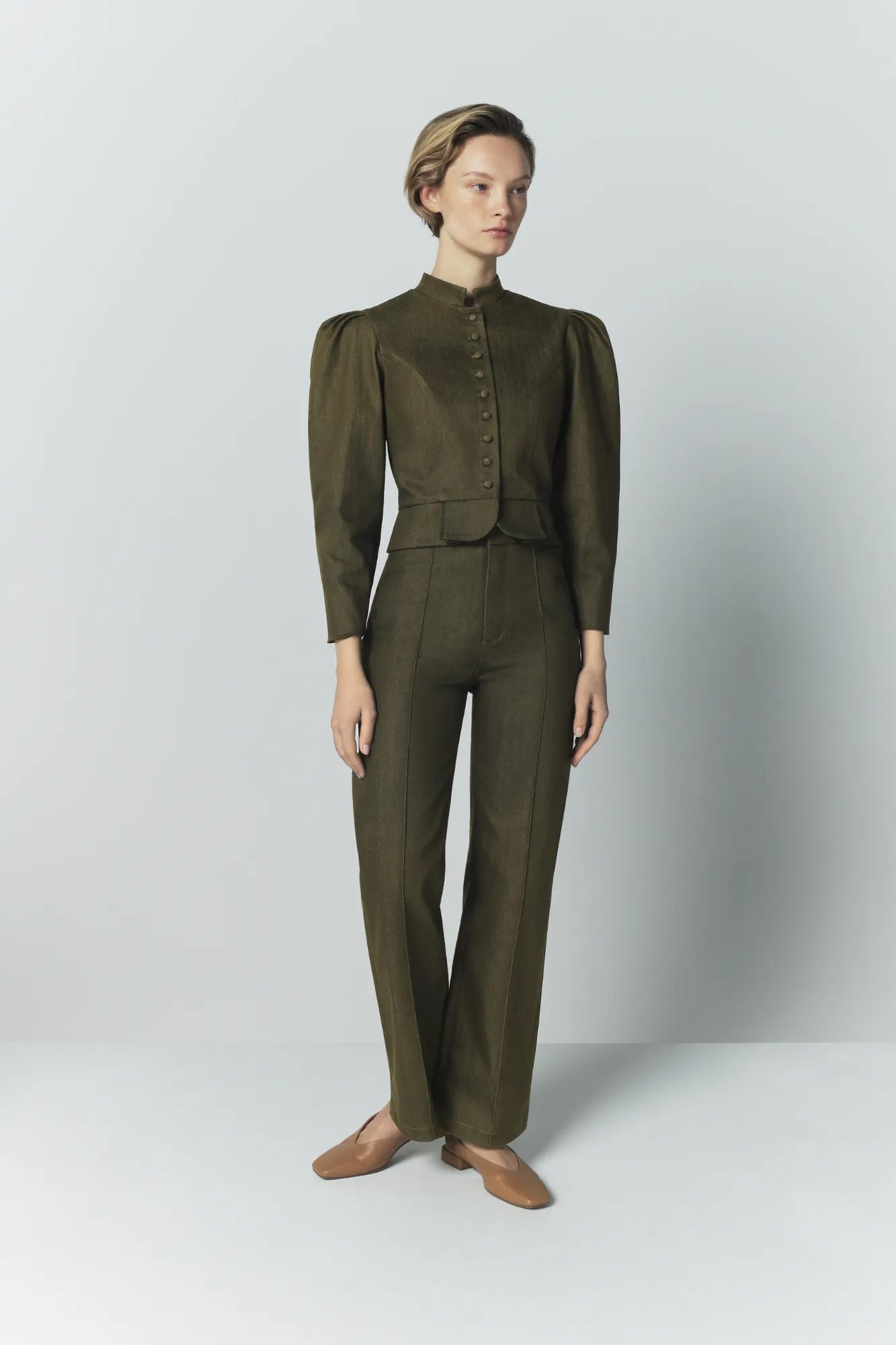 Denim khaki puff sleeve jacket sold by DESTREE product image thumbnail 5