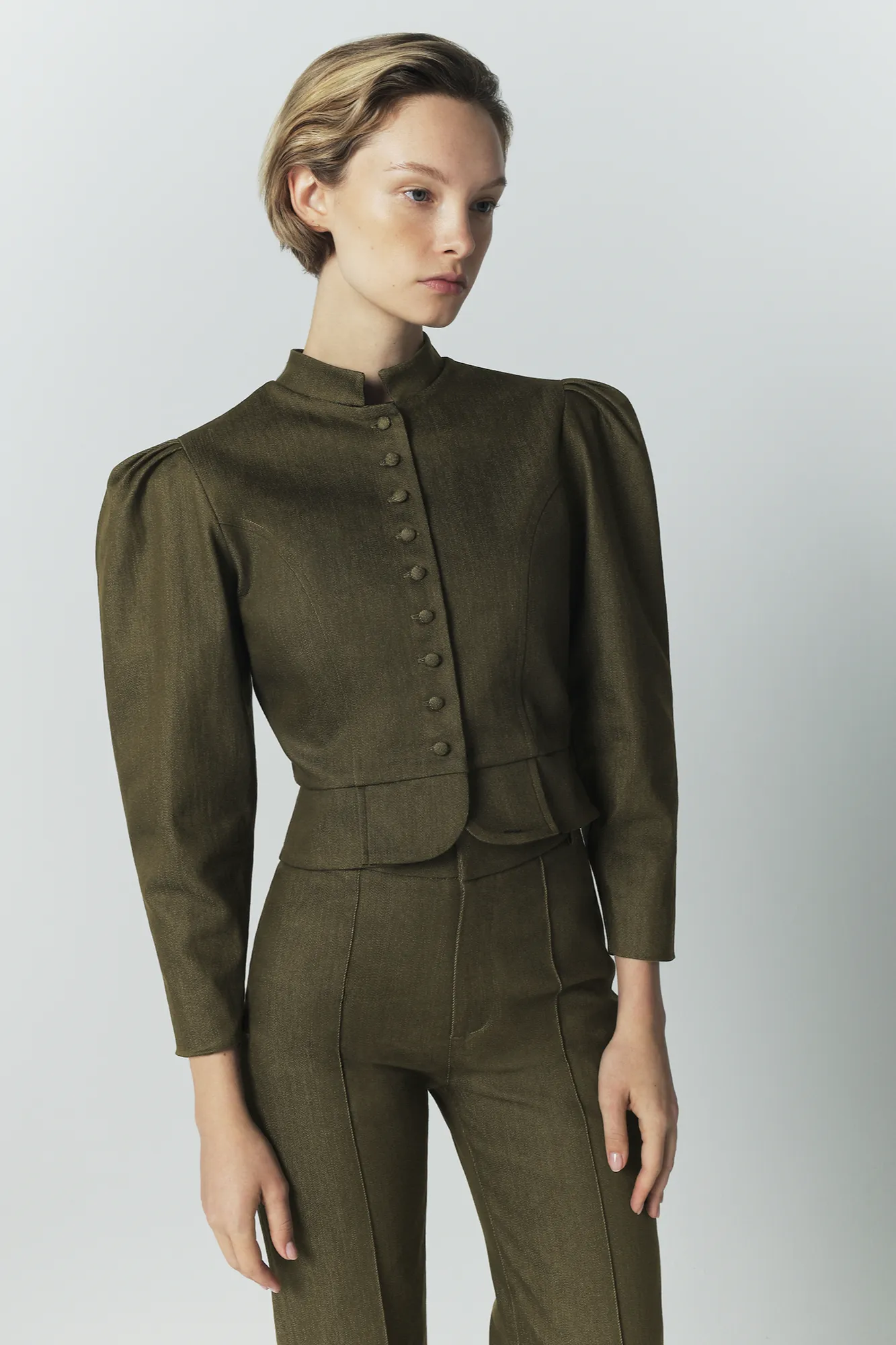 Denim khaki puff sleeve jacket sold by DESTREE product image thumbnail 4