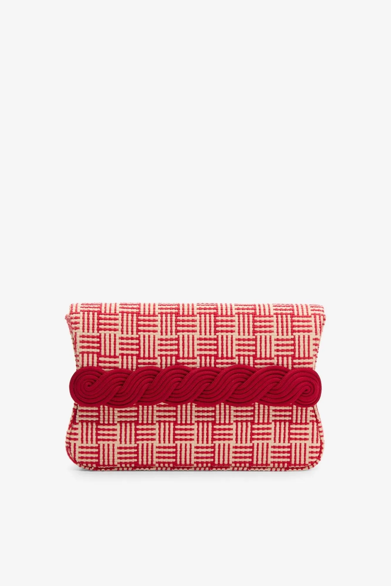 Natural & red straw clutch with braided passementerie sold by DESTREE
