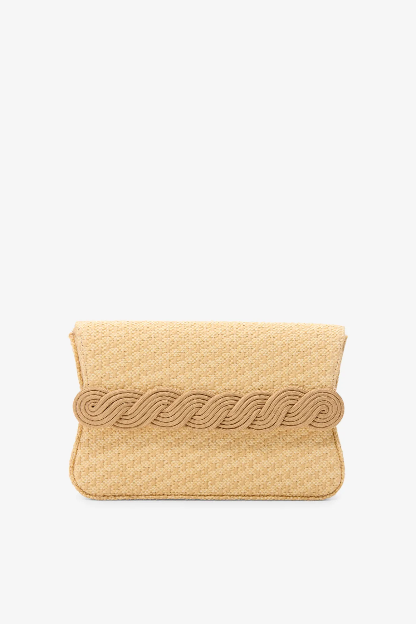 Beige straw clutch with braided passementerie sold by DESTREE