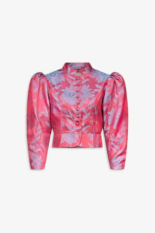 Jacquard satin puff sleeve jacket made by DESTREE