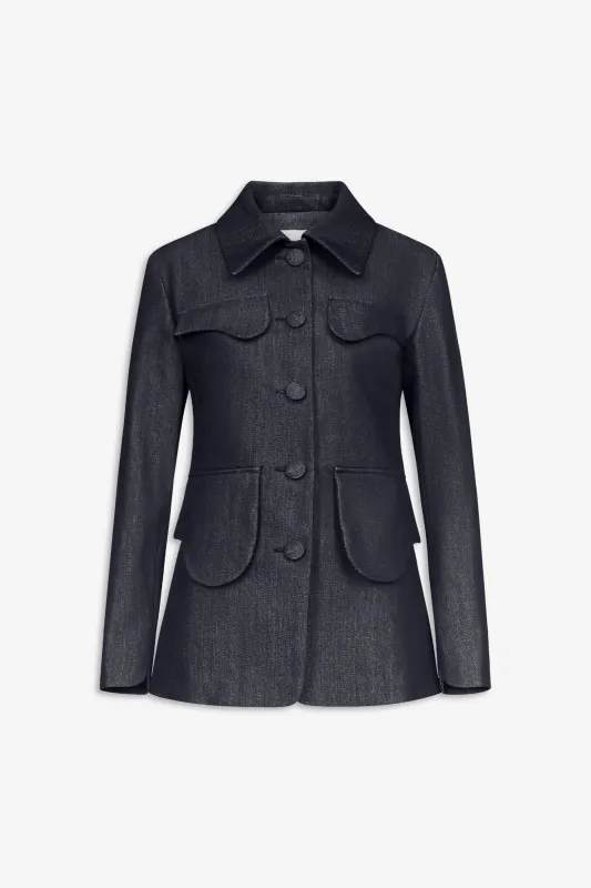 Dark blue denim utility button-front jacket made by DESTREE