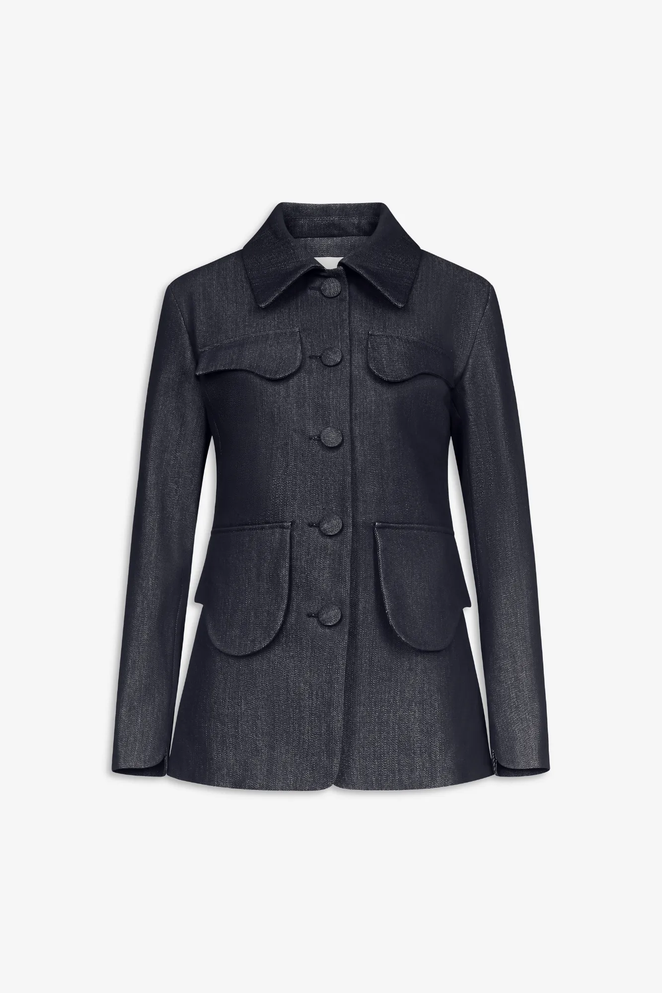 Dark blue denim utility button-front jacket sold by DESTREE