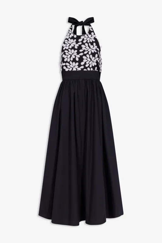 Black cotton midi dress with embroidered floral halter bodice made by DESTREE