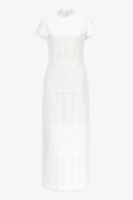 Long white embroidered dress with mandarin collar made by DESTREE