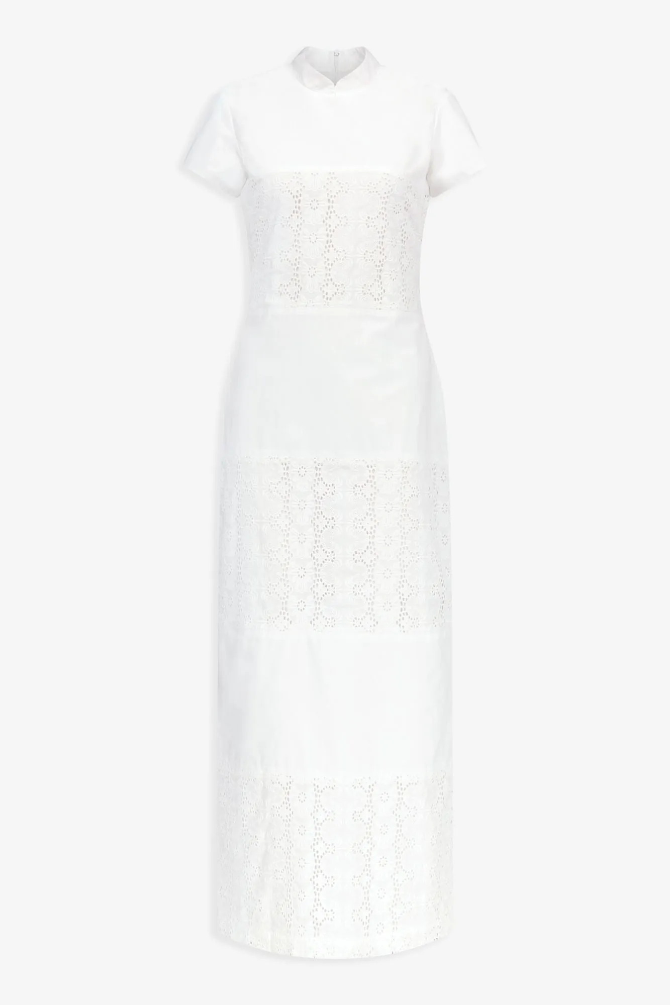 Long white embroidered dress with mandarin collar sold by DESTREE